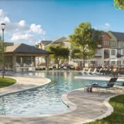 A rendering of the pool area at an apartment complex.