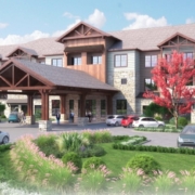 A rendering of the front entrance to an assisted living facility.