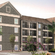 A rendering of the exterior of an apartment building.