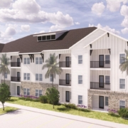 A rendering of the exterior of an apartment complex.