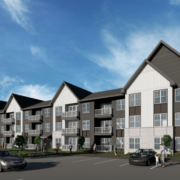 A rendering of the exterior of an apartment complex.