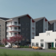 A rendering of the exterior of an apartment complex.