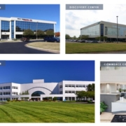 A collage of different buildings with grass in the foreground.