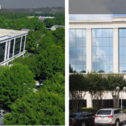 A side by side picture of two different buildings.