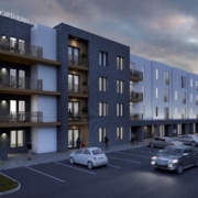 A rendering of the exterior of an apartment complex.