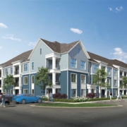 A rendering of the exterior of an apartment complex.