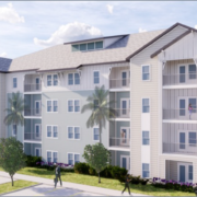 A rendering of the exterior of an apartment building.