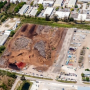 An aerial view of a construction site with lots of dirt.