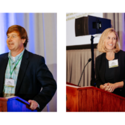 Two photos of people at a podium and in front of microphones.