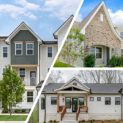 A collage of three different houses with trees in the background.