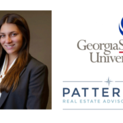 A woman in business attire and a logo for the georgia state university.