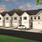 A rendering of the exterior of a row of houses.