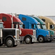 A row of semi trucks parked in a lot.