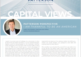 A person sitting in front of a building with the words " patterson capital views ".