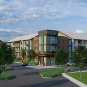 A rendering of the exterior of an apartment complex.