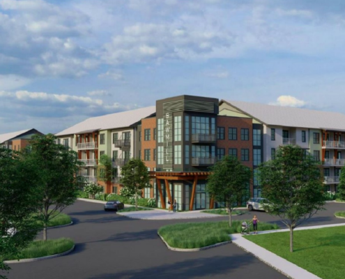 A rendering of the exterior of an apartment complex.