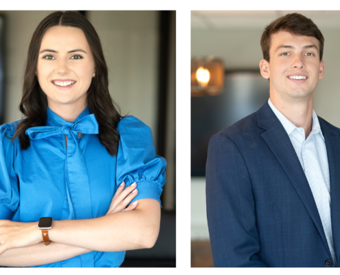 Two images of a woman and man in suits.